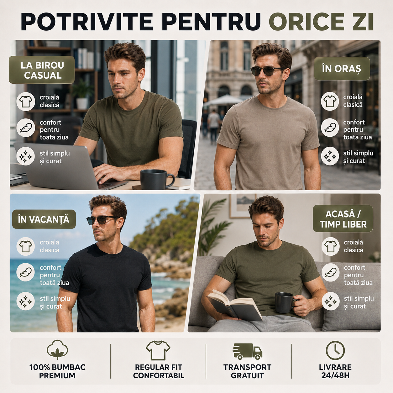 Set 3 tricouri barbati potrivite pentru birou oras vacanta si timp liber